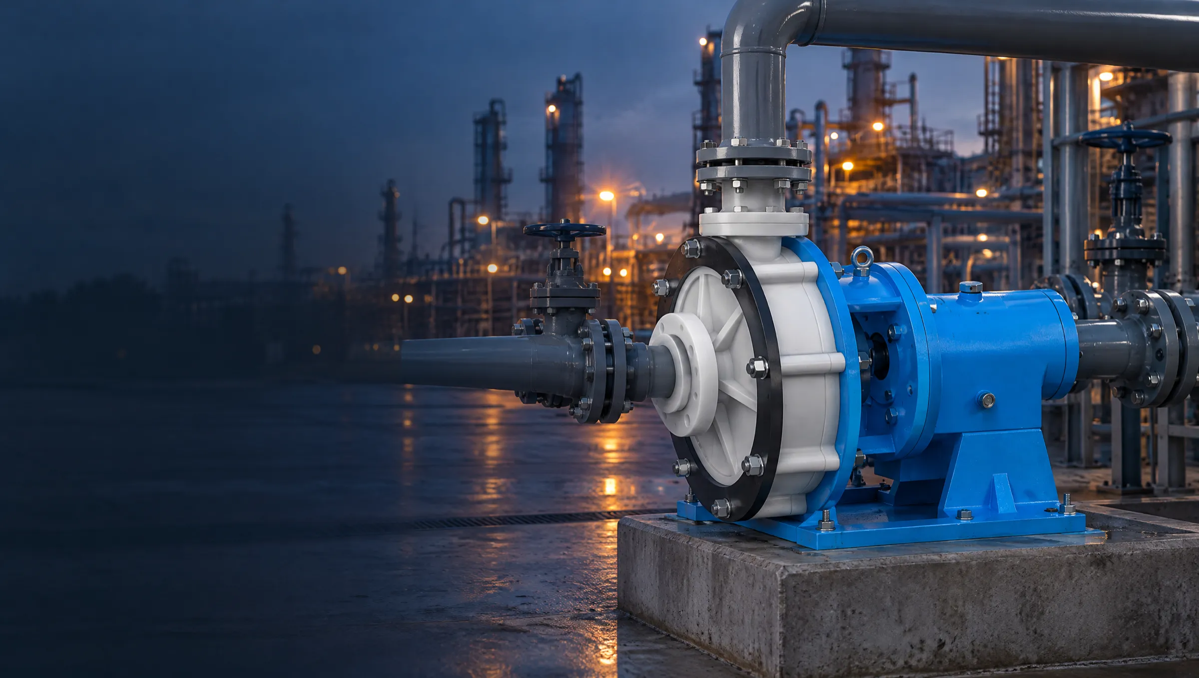 A white and blue Leakless polypropylene pump piped into a chemical plant at dusk