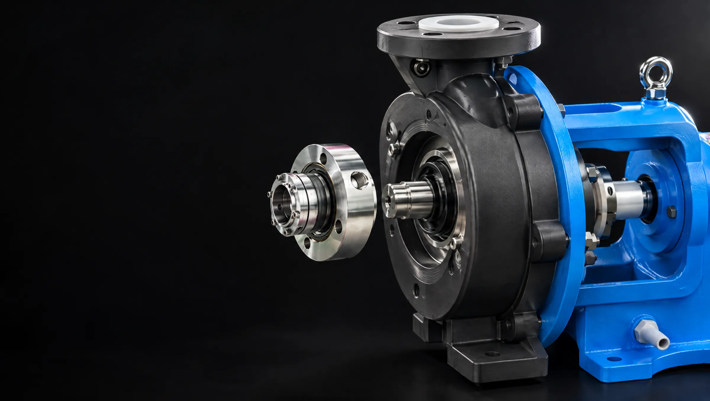 A black PVDF Leakless pump on a blue bearing frame, with its cartridge mechanical seal drawn out along the shaft