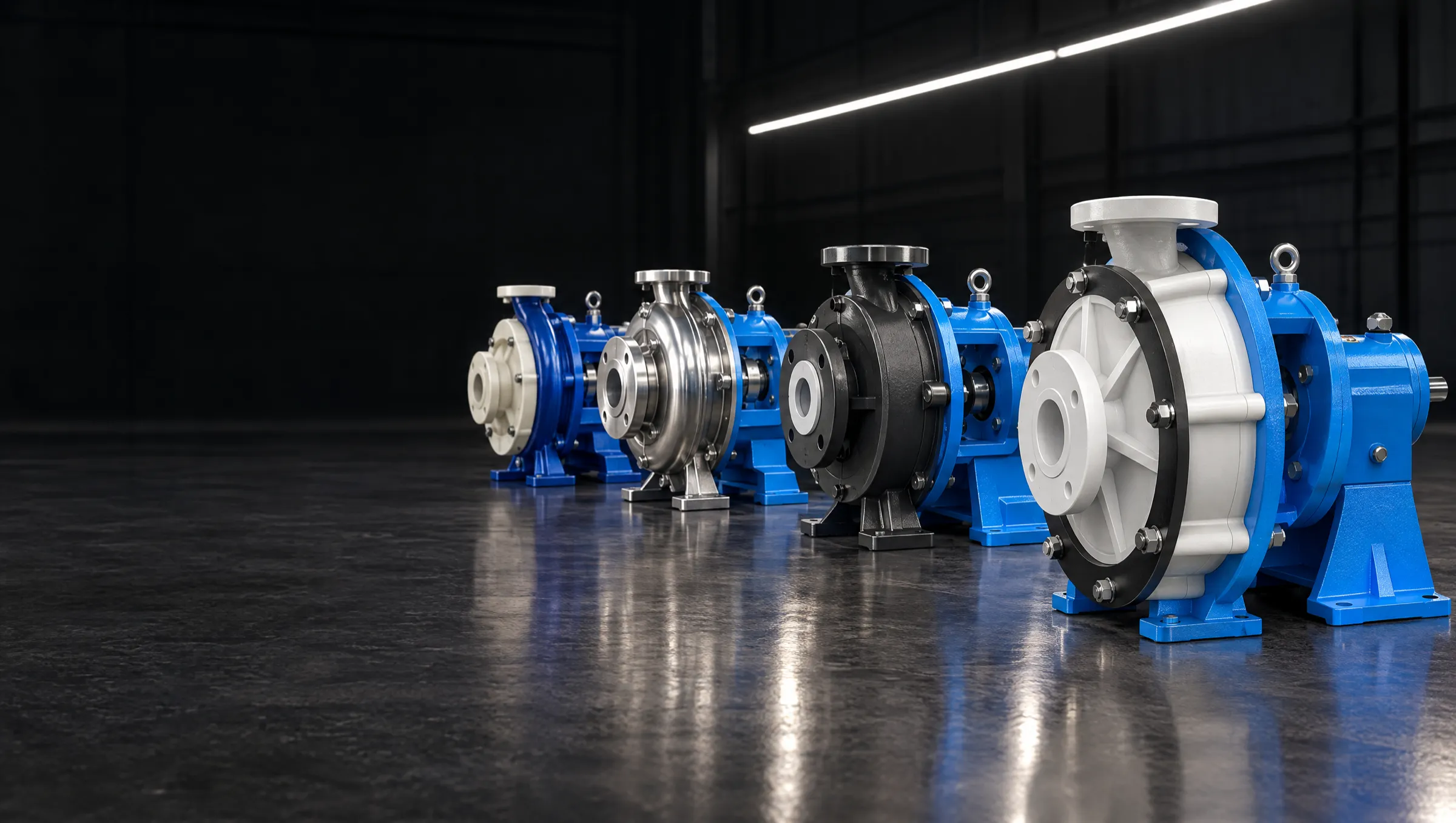 Four Leakless centrifugal pumps in polypropylene, PVDF, stainless steel and lined construction, in a row on a dark floor
