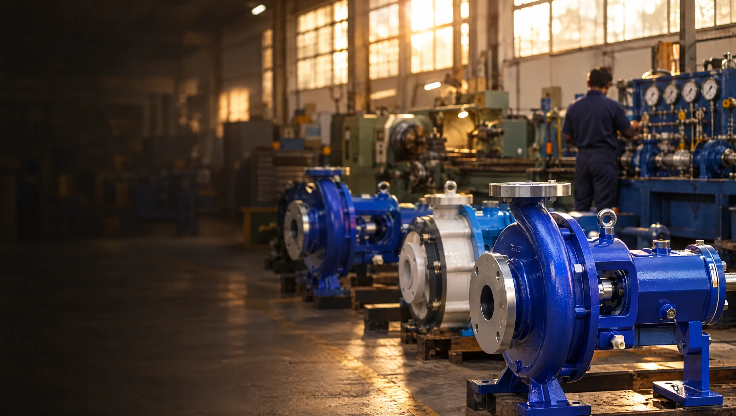 Pumps lined up on the floor of a machine shop in late-afternoon light, with a technician at the test bed
