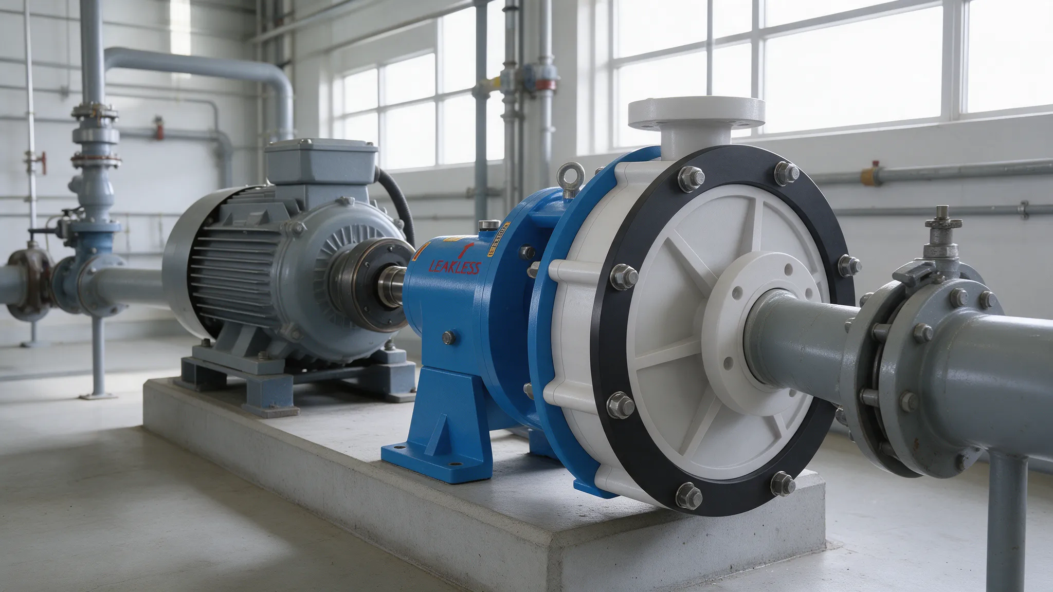 Leakless LCP centrifugal pump with white polypropylene casing and blue bearing frame, installed in a chemical plant pump bay