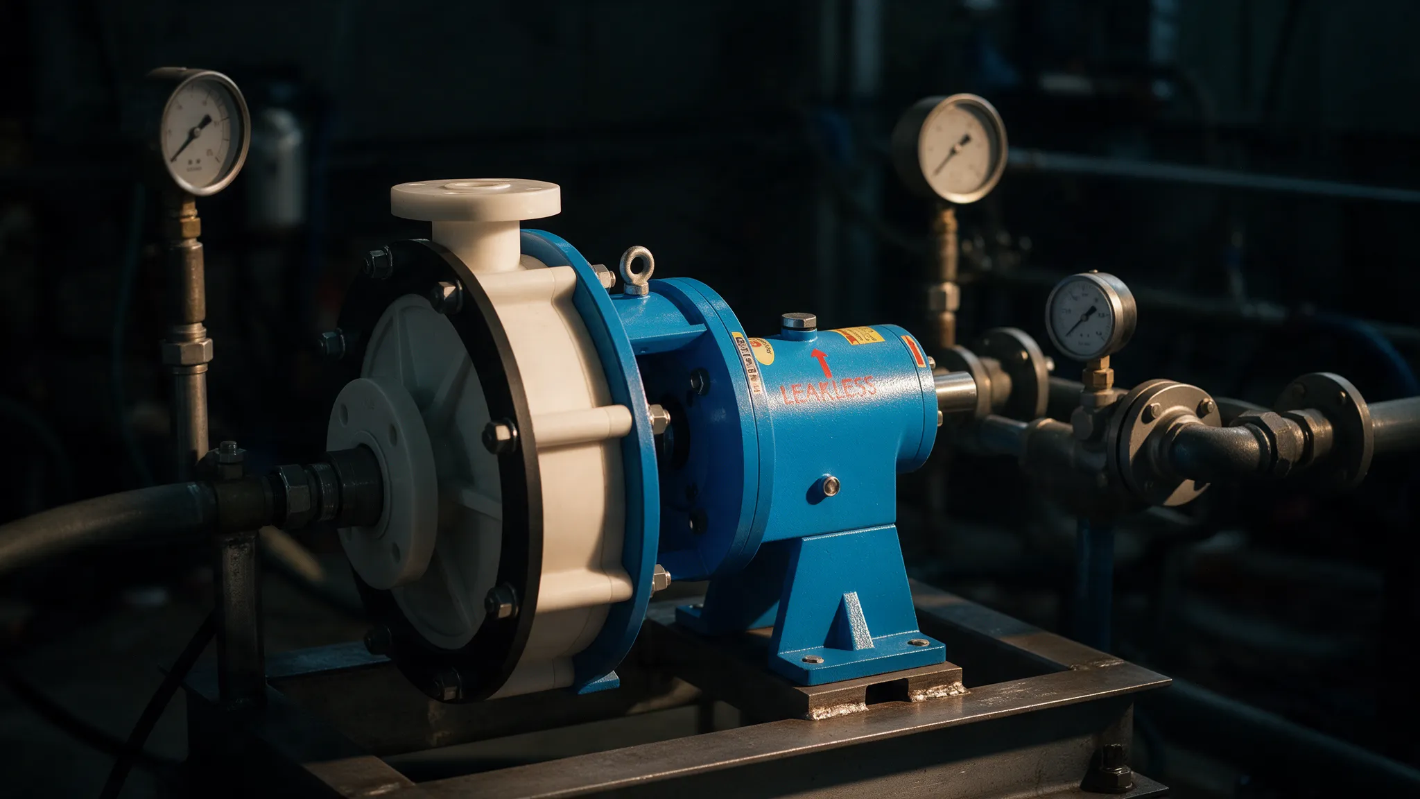 Leakless LCP pump running on a test bed with pressure gauges on the piping