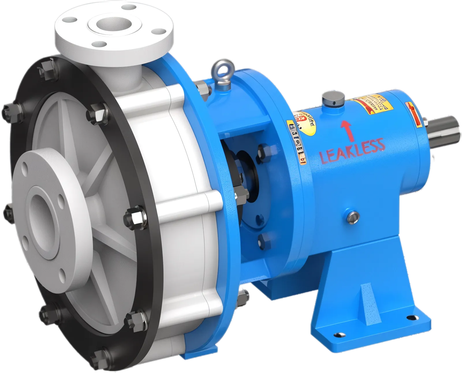 Leakless LCP centrifugal pump with white polypropylene casing and blue bearing frame